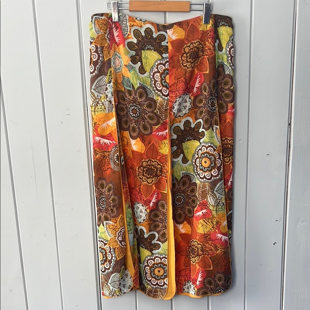 Tribal Boho Retro Midi Skirt Slits Floral Orange Women’s Size 12